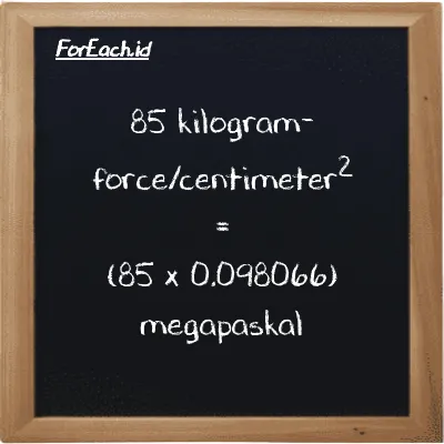 Cara konversi kilogram-force/centimeter<sup>2</sup> ke megapaskal (kgf/cm<sup>2</sup> ke MPa): 85 kilogram-force/centimeter<sup>2</sup> (kgf/cm<sup>2</sup>) setara dengan 85 dikalikan dengan 0.098066 megapaskal (MPa)